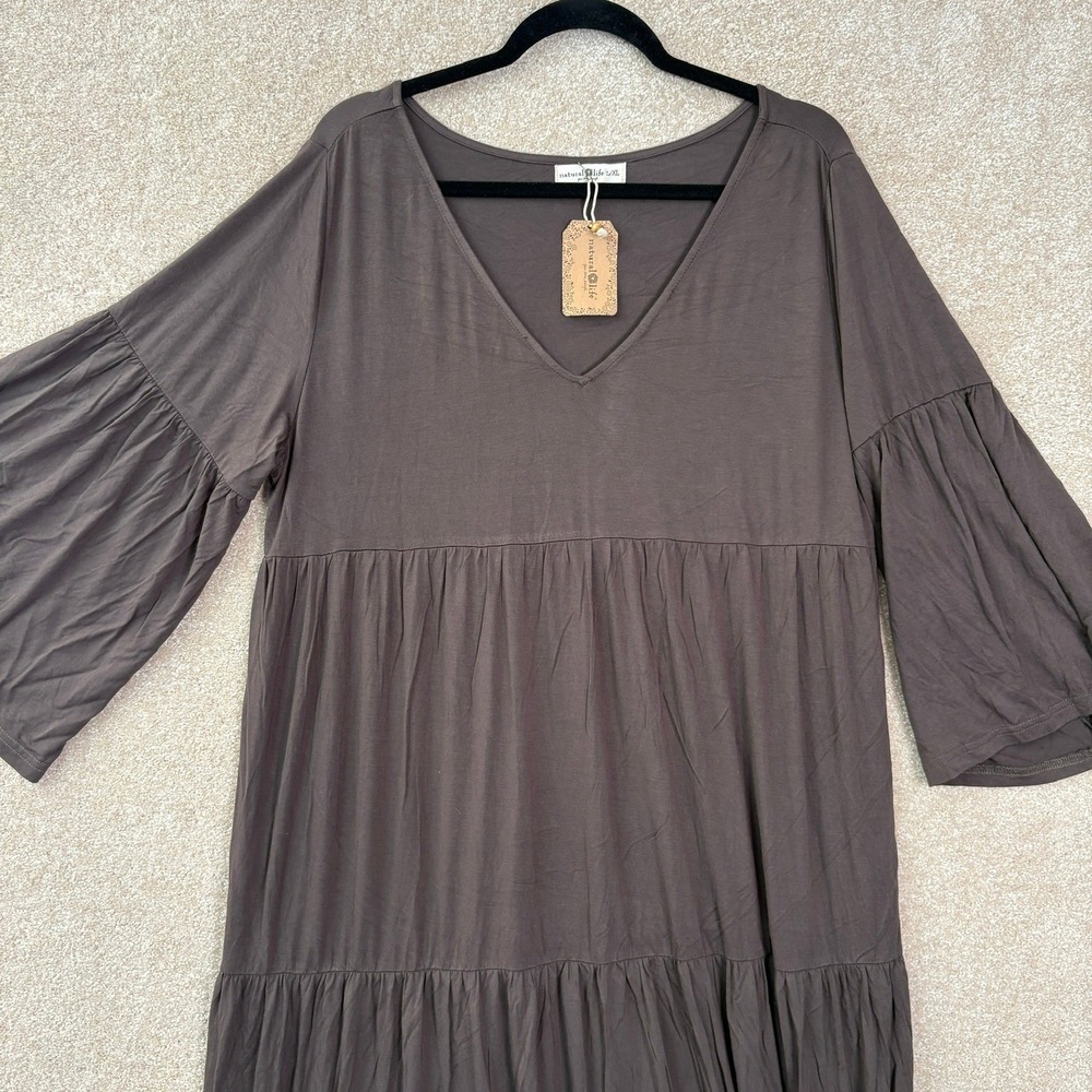 NWT NATURAL LIFE Maxi Dress Women's L/XL Brown Tiered V-Neck Bell Sleeve Boho - Picture 4 of 8